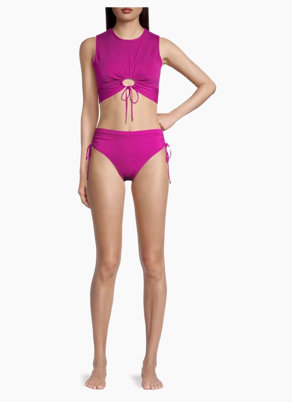 Robin Piccone Aubrey Fuchsia Pink High-Rise Drawstring Bikini Swim Bottoms Small